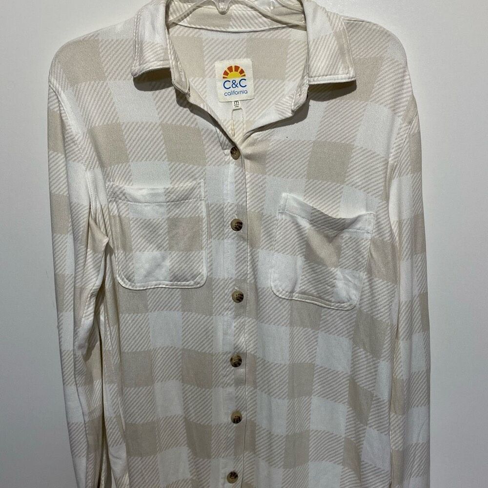 C&C California Women's Tan White Plaid Long Sleeve Button‎ Up Shirt Medium NWT